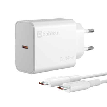 Cargador Super Rápido GaN 45W con Cable USB-C a USB-C de 1 m (1 Puerto | USB-C) y Enchufe EU