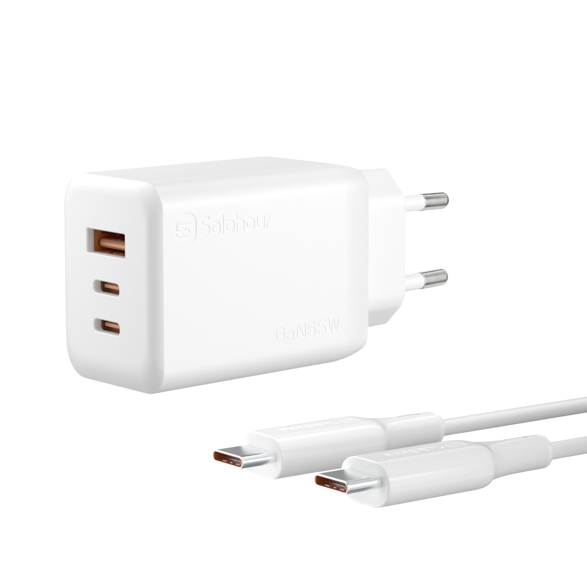 Cargador Ultra Rápido GaN 65W con Cable USB-C a USB-C de 1 m (3 Puertos | USB-C×2 + USB-A×1) y Enchufe EU