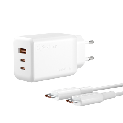 Cargador Ultra Rápido GaN 65W con Cable USB-C a USB-C de 1 m (3 Puertos | USB-C×2 + USB-A×1) y Enchufe EU