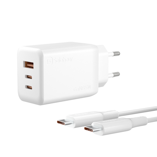 Cargador Ultra Rápido GaN 65W con Cable USB-C a USB-C de 1 m (3 Puertos | USB-C×2 + USB-A×1) y Enchufe EU