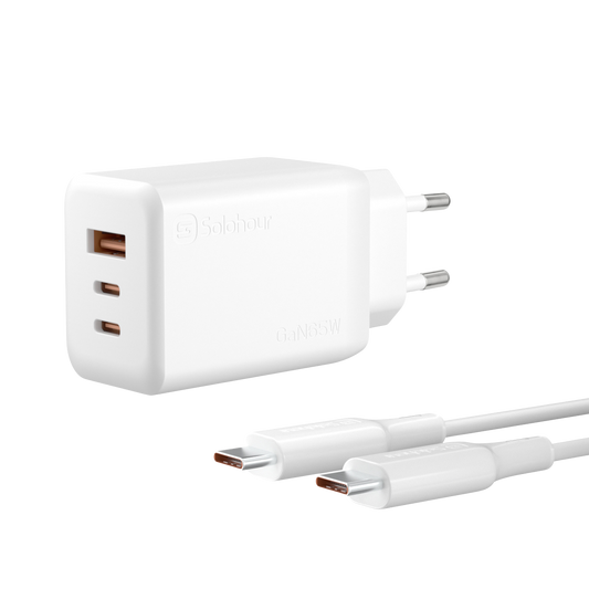 Cargador Ultra Rápido GaN 65W con Cable USB-C a USB-C de 1 m (3 Puertos | USB-C×2 + USB-A×1) y Enchufe EU