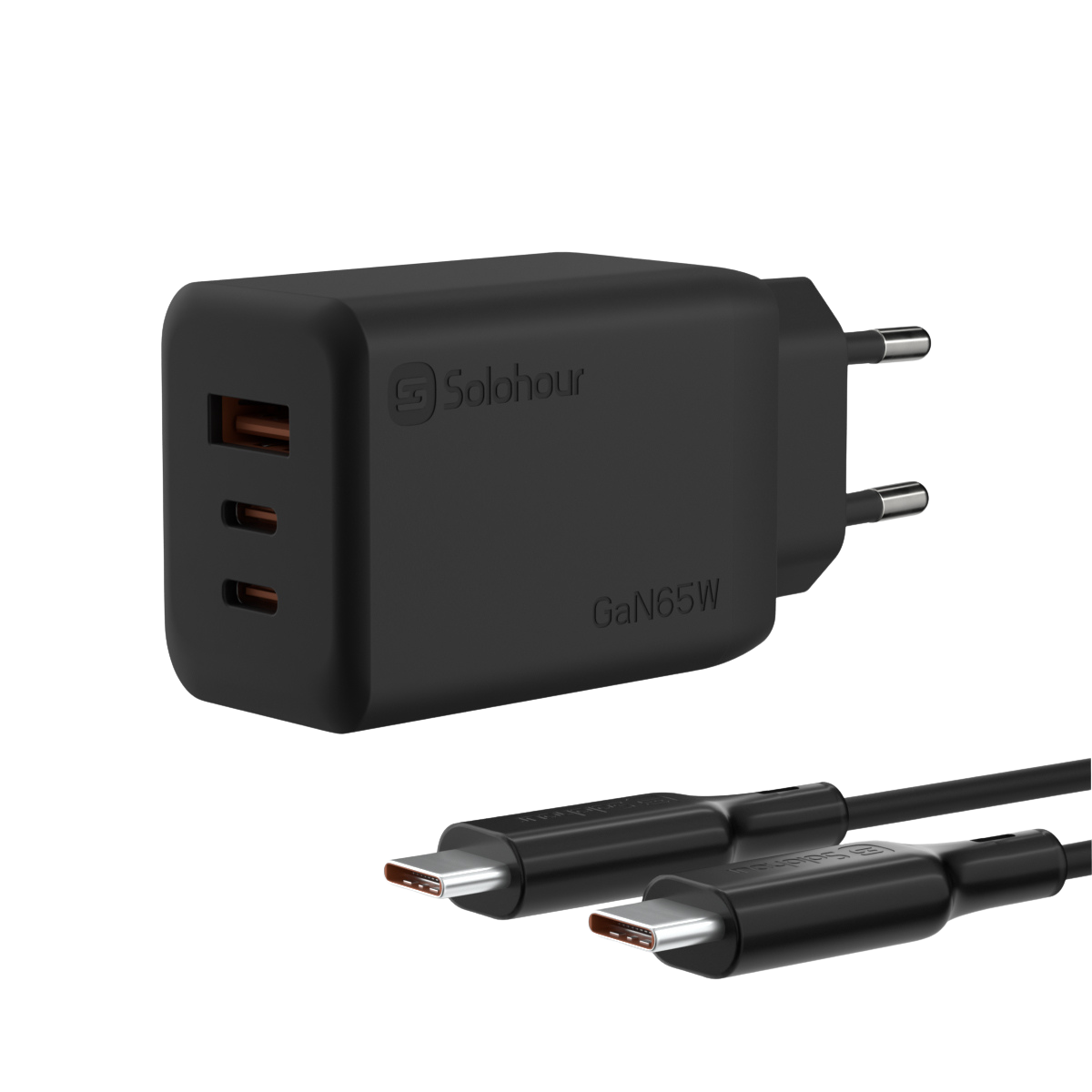 Cargador Ultra Rápido GaN 65W con Cable USB-C a USB-C de 1 m (3 Puertos | USB-C×2 + USB-A×1) y Enchufe EU