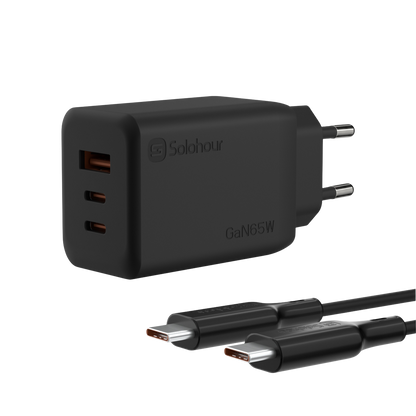 Cargador Ultra Rápido GaN 65W con Cable USB-C a USB-C de 1 m (3 Puertos | USB-C×2 + USB-A×1) y Enchufe EU